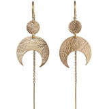 A pair of Gold Lunar Crescent Moon Thread Earrings on a white background.
