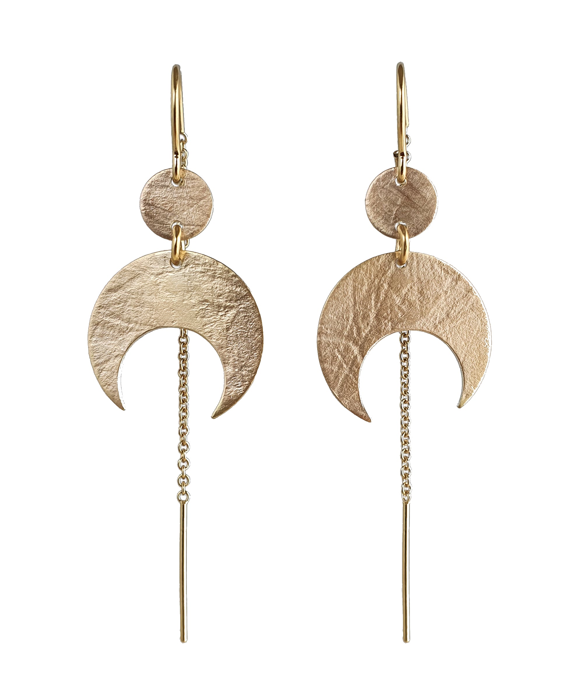 A pair of Gold Lunar Crescent Moon Thread Earrings on a white background.