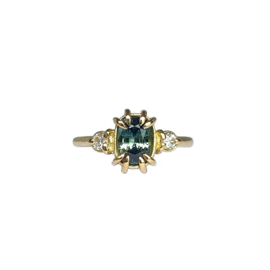 Handmade 18ct yellow gold engagement ring featuring an Australian Sapphire and Diamonds, set in large decorative claws / prongs