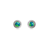 A pair of round stud earrings featuring a textured silver-tone outer ring and a central cabochon inlay depicting the globe of Earth in vibrant green and blue tones, set against a plain white background.