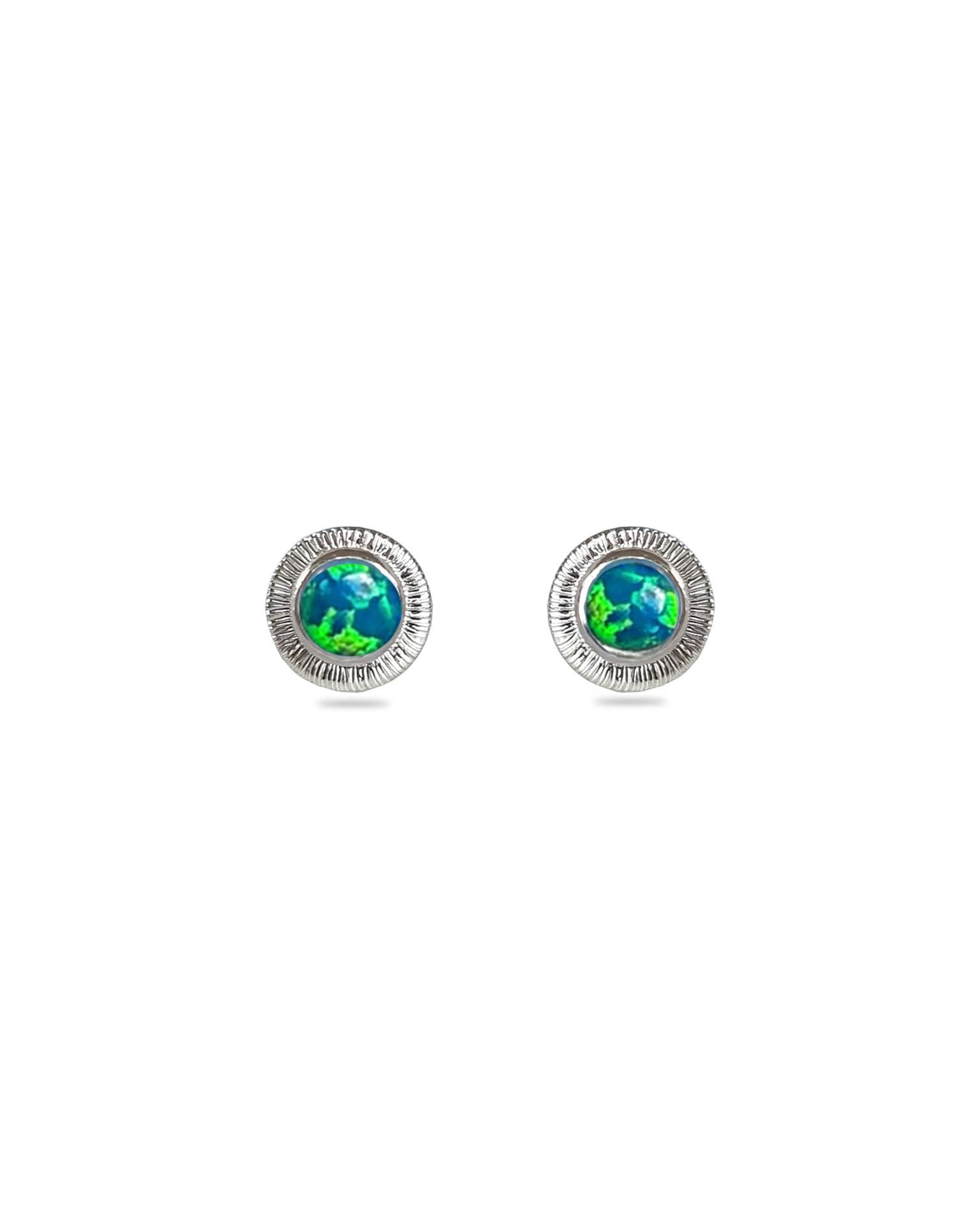 A pair of round stud earrings featuring a textured silver-tone outer ring and a central cabochon inlay depicting the globe of Earth in vibrant green and blue tones, set against a plain white background.