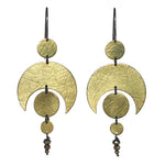 Pair of golden Brass Celestial Earrings with circular and crescent designs on a white background.