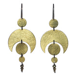 Pair of golden Brass Celestial Earrings with circular and crescent designs on a white background.
