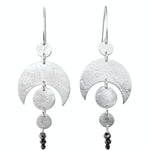 A pair of Sterling Silver Celestial Moon and Planetary alignment Earrings, featuring Pyrite drops. 