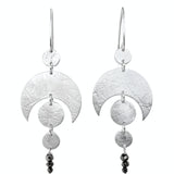 A pair of Sterling Silver Celestial Moon and Planetary alignment Earrings, featuring Pyrite drops. 