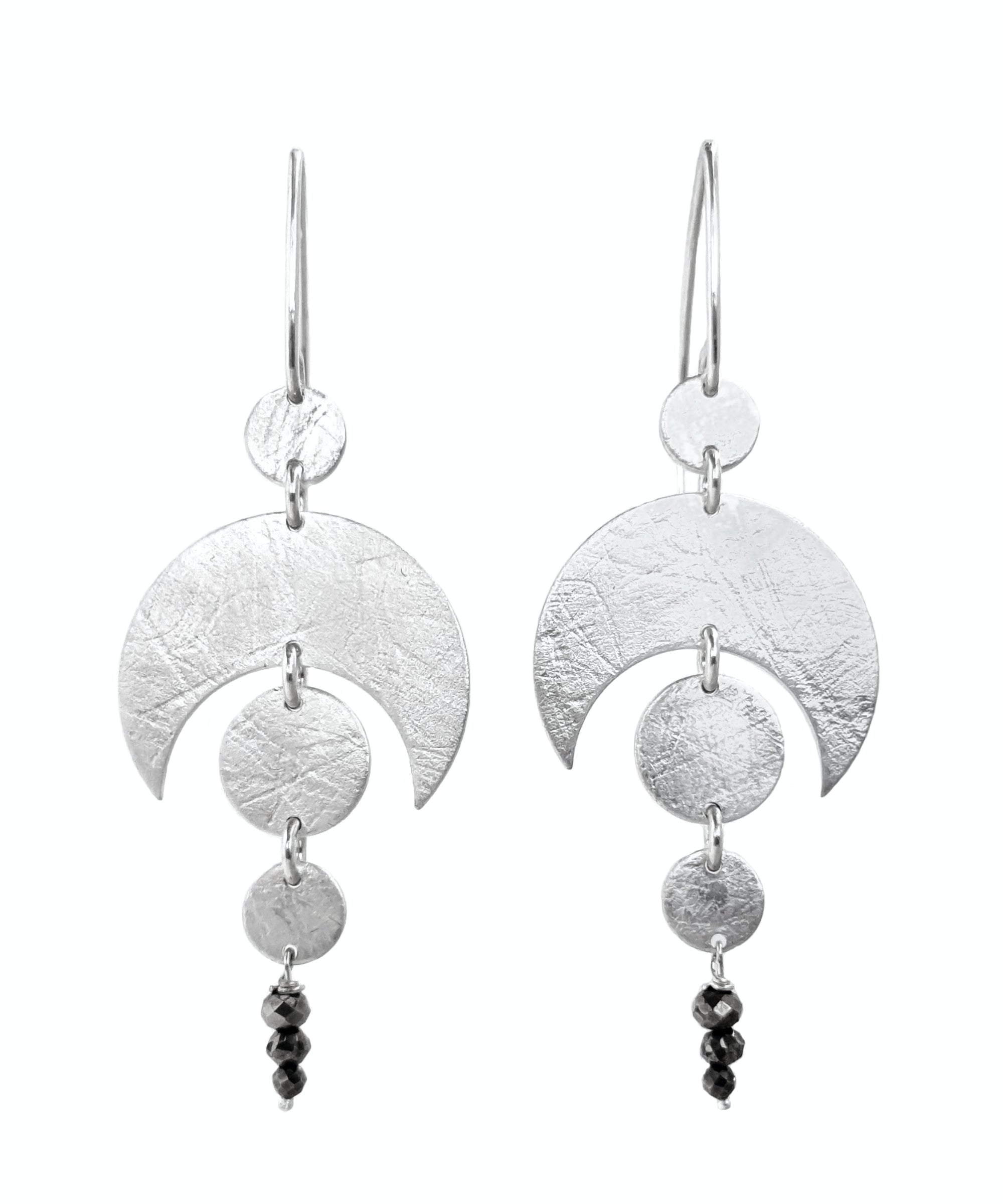 A pair of Sterling Silver Celestial Moon and Planetary alignment Earrings, featuring Pyrite drops. 