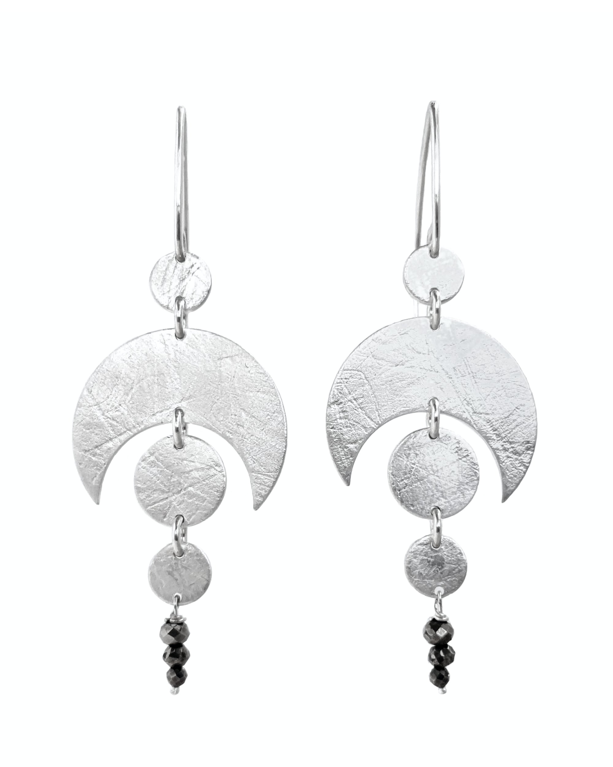 A pair of Sterling Silver Celestial Moon and Planetary alignment Earrings, featuring Pyrite drops. 