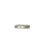 Crystal Opal Silver Stack Ring Set on a white background, featuring three 1.5mm stack rings—two with a textured finish and one with a vibrant Australian Crystal Opal.