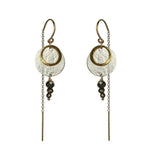 A pair of Zenith II Thread earrings, featuring a geometric design, mixed metals of gold and silver plus Pyrite gemstones. The earrings are handmade by Emily Eliza Arlotte in Hobart Tasmania from Sterling Silver, 14ct Gold-filled details and Pyrite.