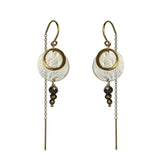 A pair of Zenith II Thread earrings, featuring a geometric design, mixed metals of gold and silver plus Pyrite gemstones. The earrings are handmade by Emily Eliza Arlotte in Hobart Tasmania from Sterling Silver, 14ct Gold-filled details and Pyrite.