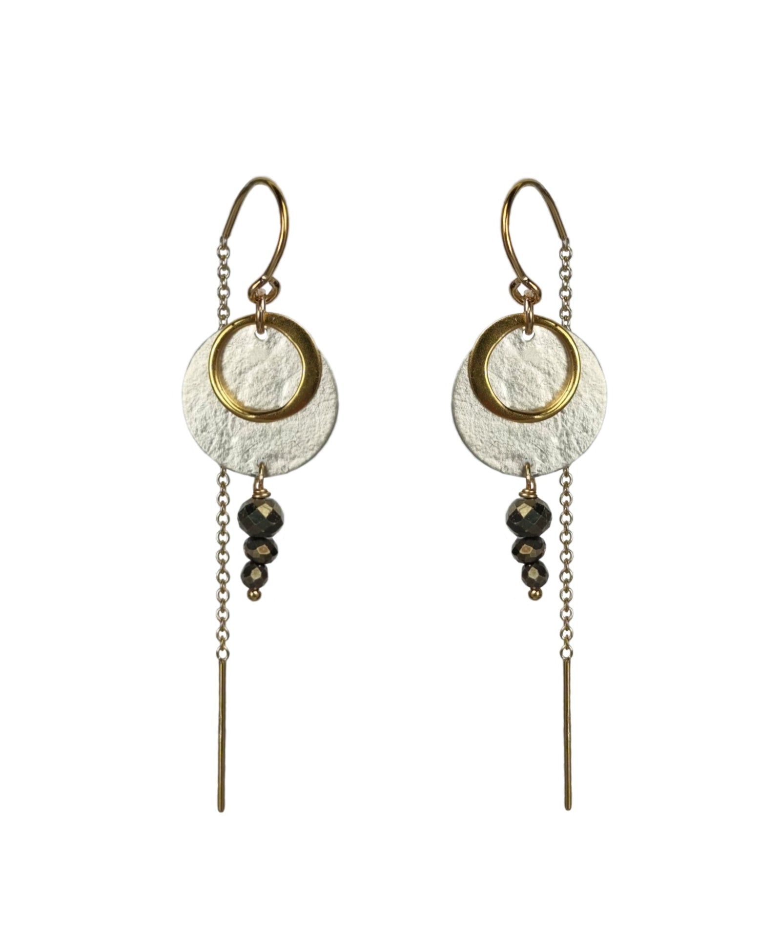 A pair of Zenith II Thread earrings, featuring a geometric design, mixed metals of gold and silver plus Pyrite gemstones. The earrings are handmade by Emily Eliza Arlotte in Hobart Tasmania from Sterling Silver, 14ct Gold-filled details and Pyrite.
