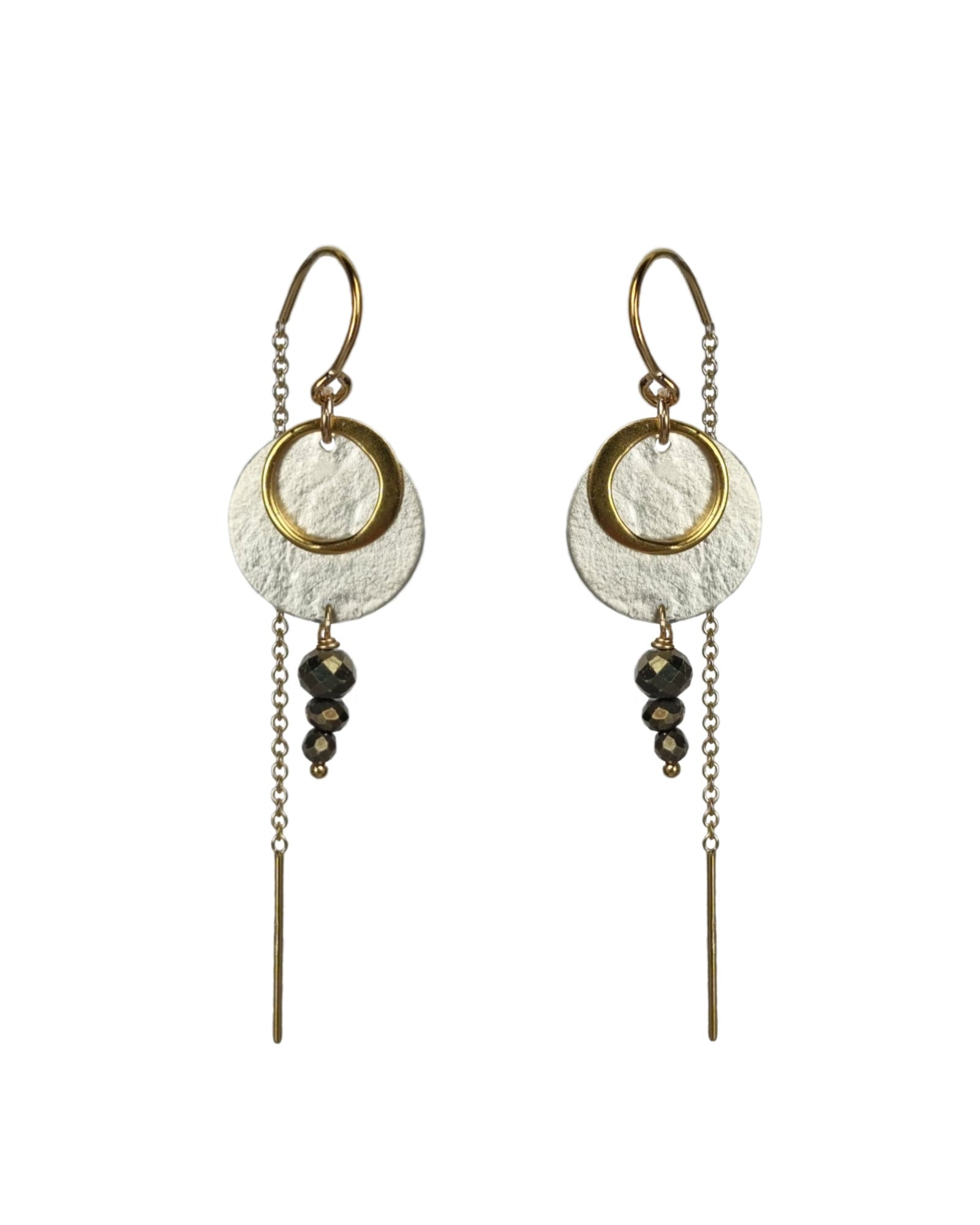A pair of Zenith II Thread earrings, featuring a geometric design, mixed metals of gold and silver plus Pyrite gemstones. The earrings are handmade by Emily Eliza Arlotte in Hobart Tasmania from Sterling Silver, 14ct Gold-filled details and Pyrite.