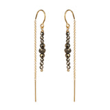Pyrite and Gold Thread Earrings on a white background, handmade by Emily Eliza Arlotte in Hobart, Tasmania.
