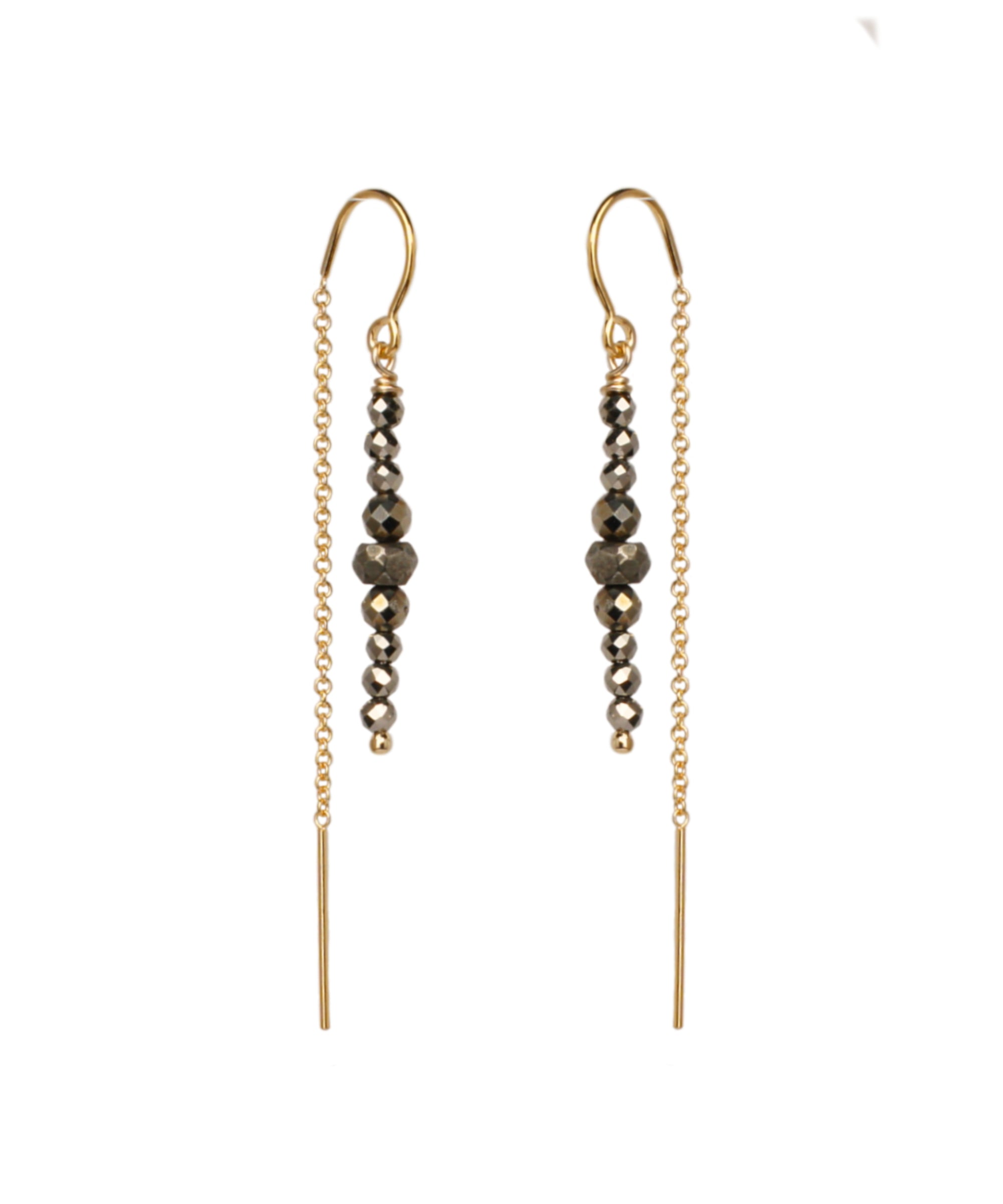 Pyrite and Gold Thread Earrings on a white background, handmade by Emily Eliza Arlotte in Hobart, Tasmania.