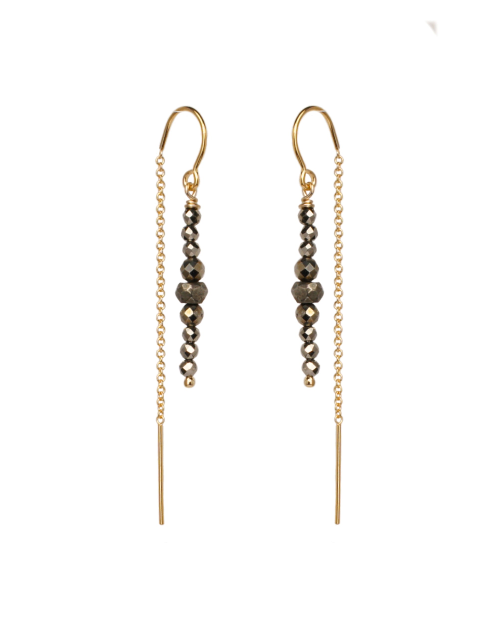 Pyrite and Gold Thread Earrings on a white background, handmade by Emily Eliza Arlotte in Hobart, Tasmania.