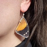 Real orange and black butterfly wings set in sterling silver as earrings being worn