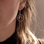 Close-up of a person wearing the Sterling Silver Divination Quartz Sphere Threader Earrings with a blurred background.