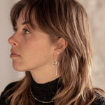 A person with brown wolf-cut hair wearing the Divination Thread Earrings and the Pyrite Choker Necklace