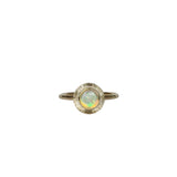 A gold ring featuring a multi-coloured Australian Crystal Opal set in a radiant gold engraved setting