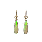 Crystal Opal Moon Drop Earrings on a white background, showcasing vibrant flashes of green, in Sterling Silver with 9ct Yellow Gold details