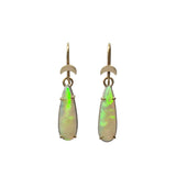 Crystal Opal Moon Drop Earrings on a white background, showcasing vibrant flashes of green, in Sterling Silver with 9ct Yellow Gold details