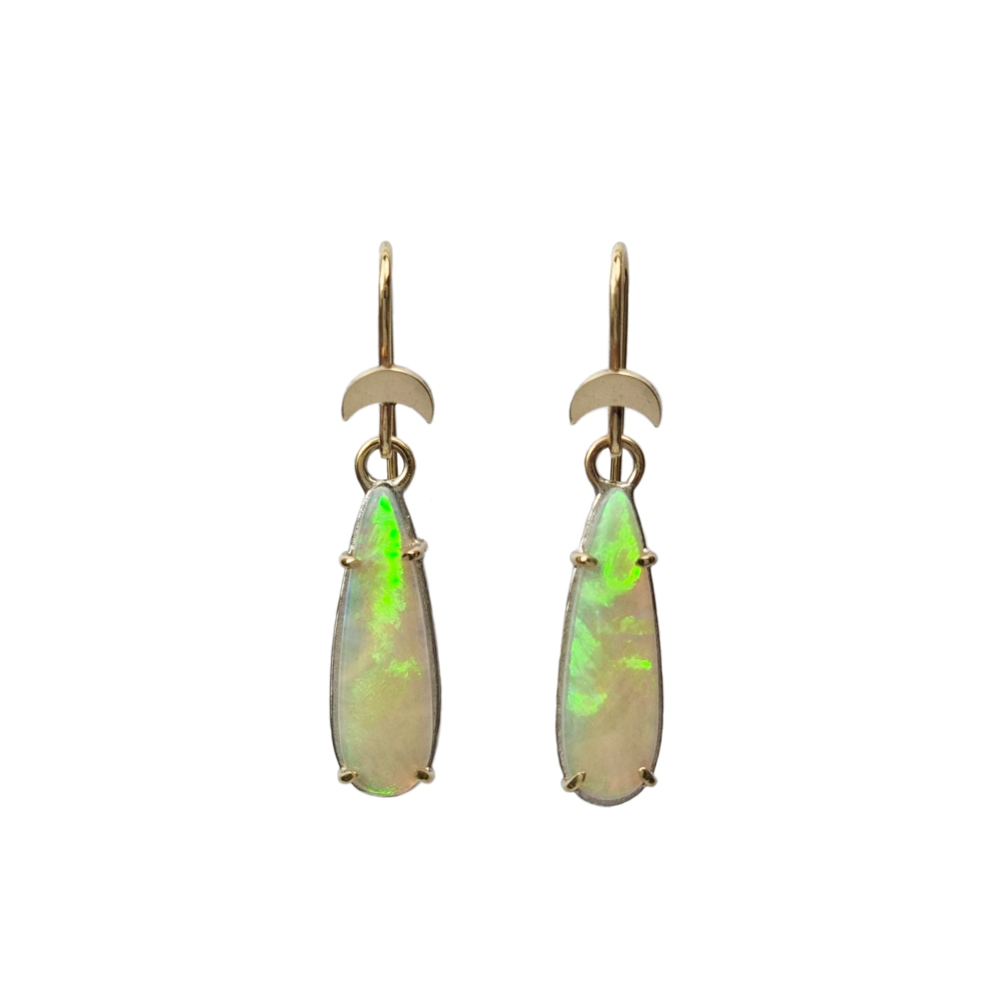 Crystal Opal Moon Drop Earrings on a white background, showcasing vibrant flashes of green, in Sterling Silver with 9ct Yellow Gold details