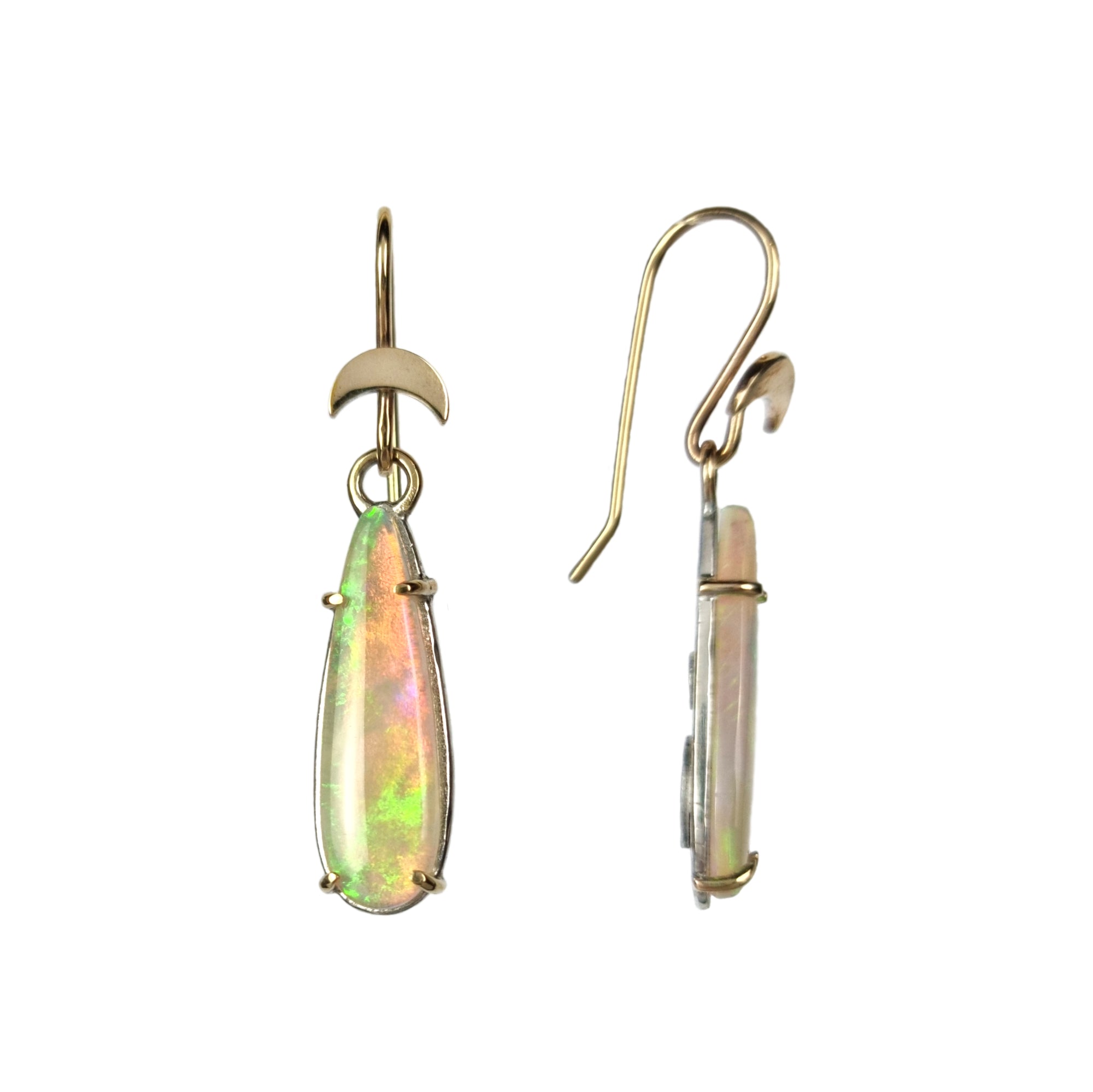 Close-up of Crystal Opal Moon Drop Earrings with crescent moon details, handmade in Tasmania, featuring Sterling Silver and 9ct Yellow Gold settings