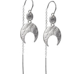 Lunar crescent moon thread earrings in bright sterling silver featuring a textured surface, on a white background.