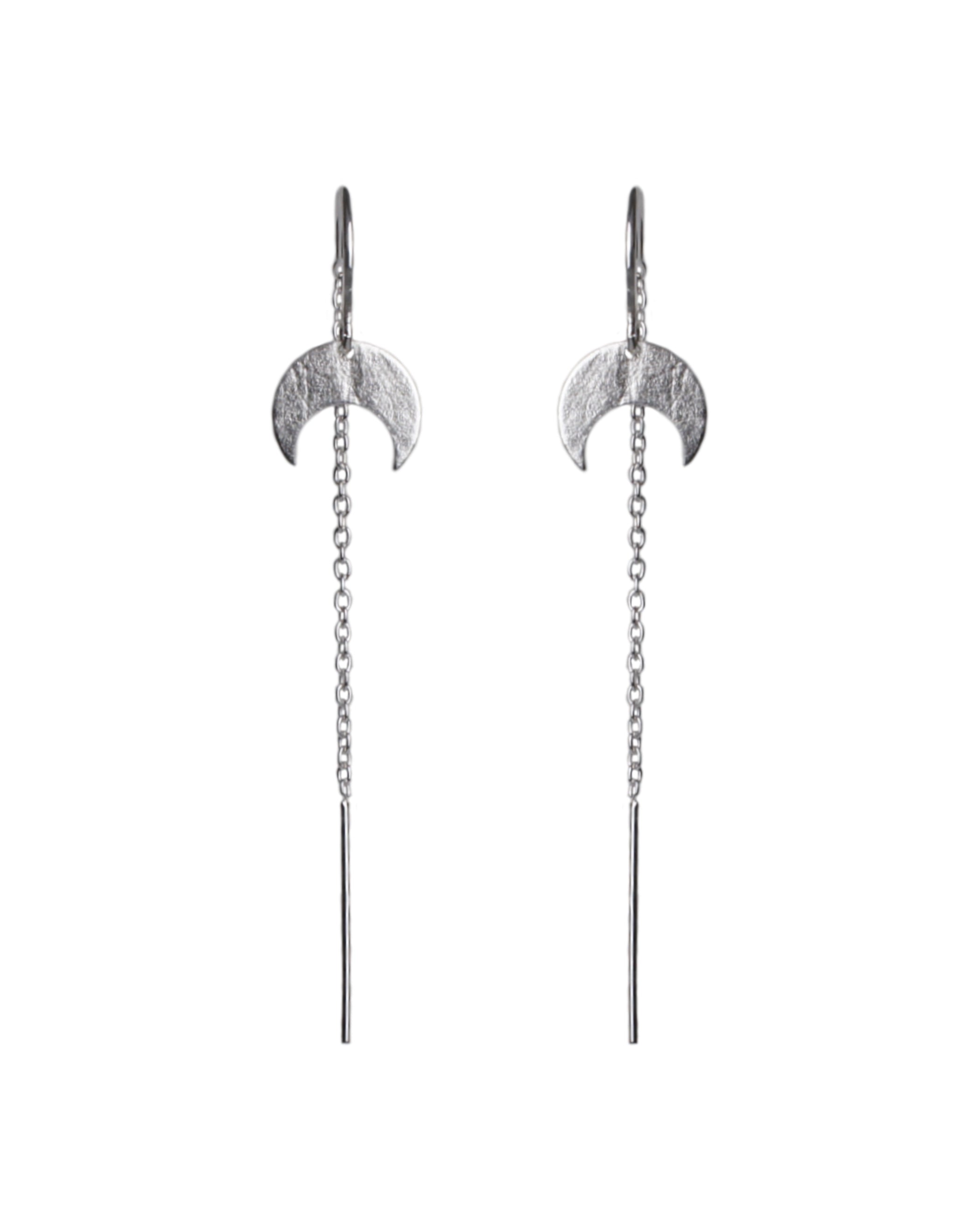 Lunar Sterling Silver chain thread earrings featuring a crescent moon on a white background. Handmade by Emily Eliza Arlotte in Hobart, Tasmania.