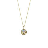 Gold Crystal Opal Aura Necklace on a white background, featuring a stunning Australian Crystal Opal set in 9ct Yellow Gold. The opal displays a magical play of colour, with a kaleidoscope effect that reflects the warm hues of the gold setting, symbolising transformation and spiritual growth