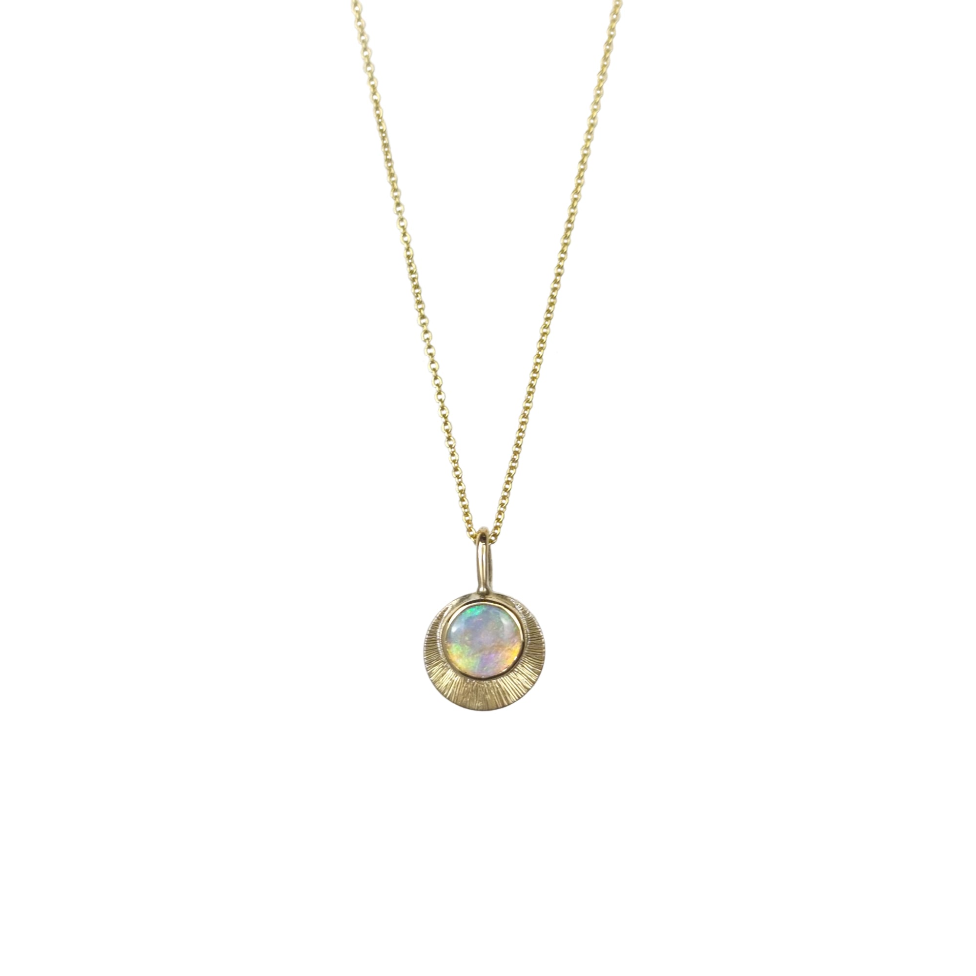 Gold Crystal Opal Aura Necklace on a white background, featuring a stunning Australian Crystal Opal set in 9ct Yellow Gold. The opal displays a magical play of colour, with a kaleidoscope effect that reflects the warm hues of the gold setting, symbolising transformation and spiritual growth