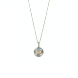 Sterling Silver Crystal Opal Aura Necklace on a white background, featuring a stunning Australian Crystal Opal set in 9ct Yellow Gold. The opal displays a magical play of colour, with a kaleidoscope effect that reflects the warm hues of the gold setting, symbolising transformation and spiritual growth