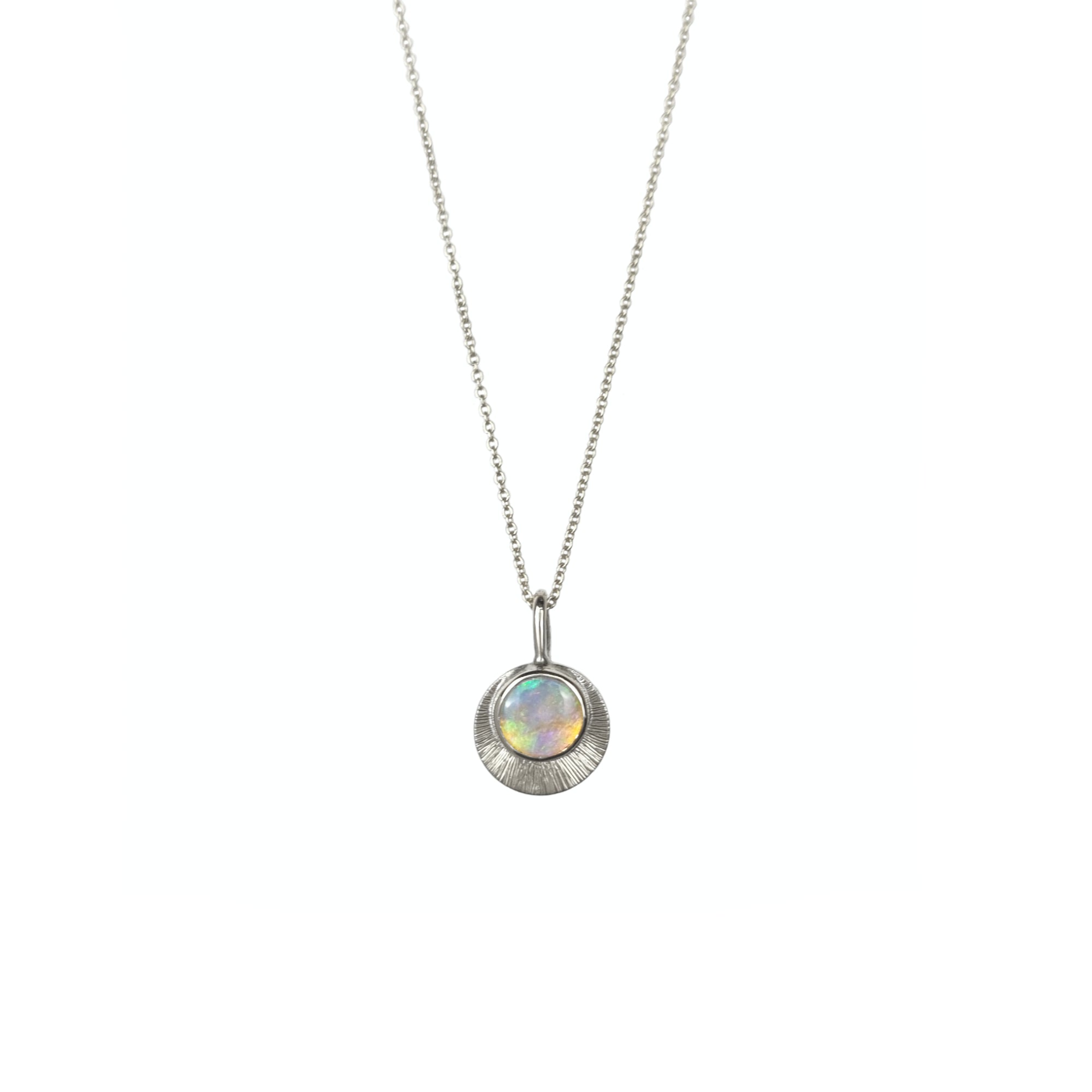 Sterling Silver Crystal Opal Aura Necklace on a white background, featuring a stunning Australian Crystal Opal set in 9ct Yellow Gold. The opal displays a magical play of colour, with a kaleidoscope effect that reflects the warm hues of the gold setting, symbolising transformation and spiritual growth