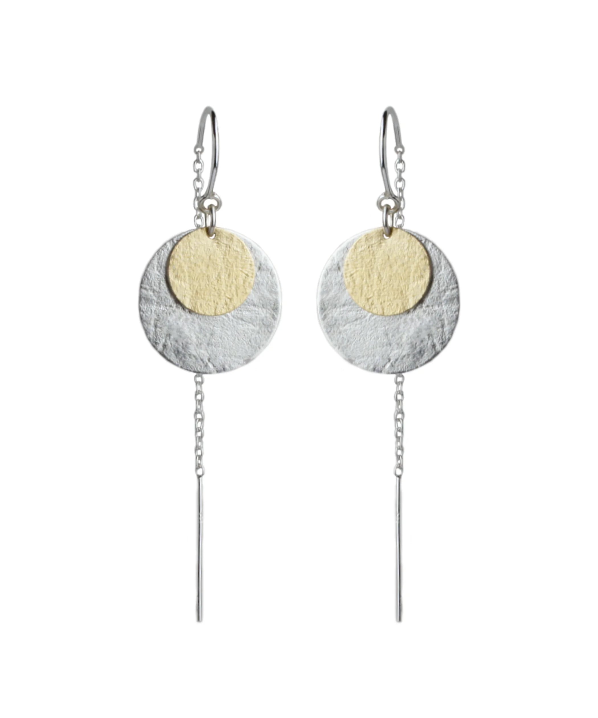 Solar Thread Earrings in Sterling Silver and 9ct Gold by Emily Eliza Arlotte on a white background.