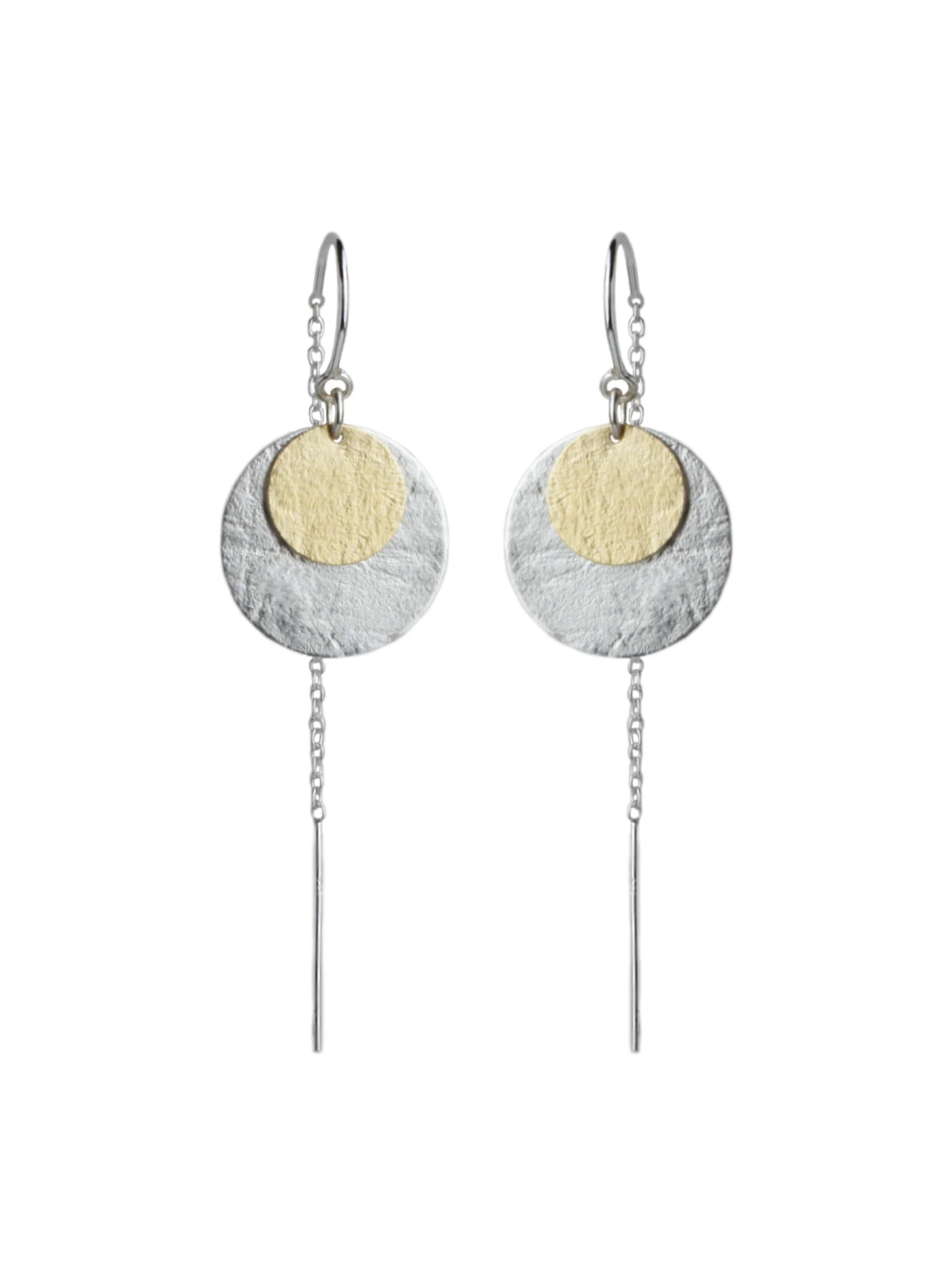 Solar Thread Earrings in Sterling Silver and 9ct Gold by Emily Eliza Arlotte on a white background.