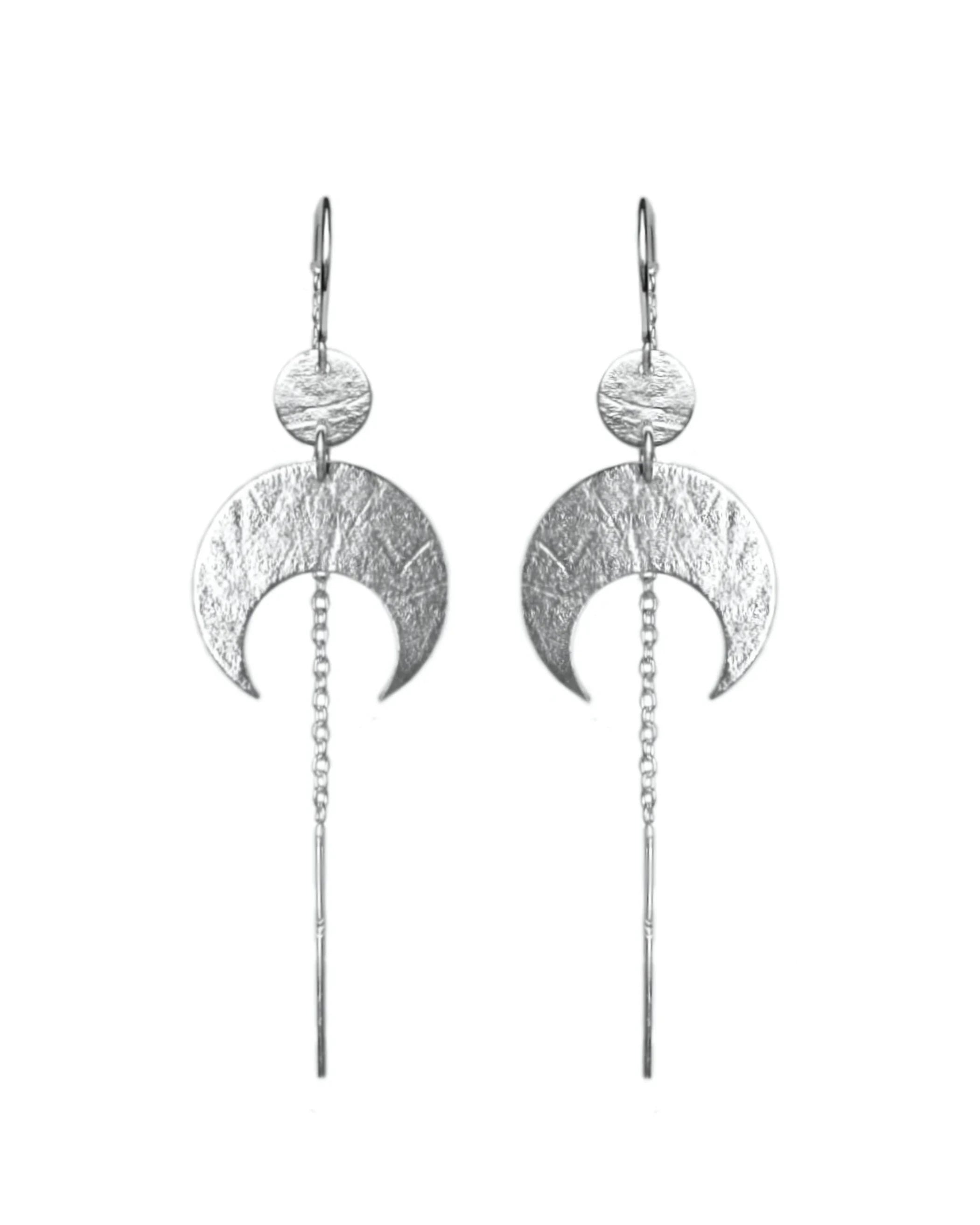 Sterling Silver Lunar Thread Earrings on a white background, featuring a textured disc and crescent moon.