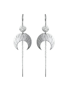 Sterling Silver Lunar Thread Earrings on a white background, featuring a textured disc and crescent moon.