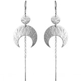 Sterling Silver Lunar Thread Earrings on a white background, featuring a textured disc and crescent moon.