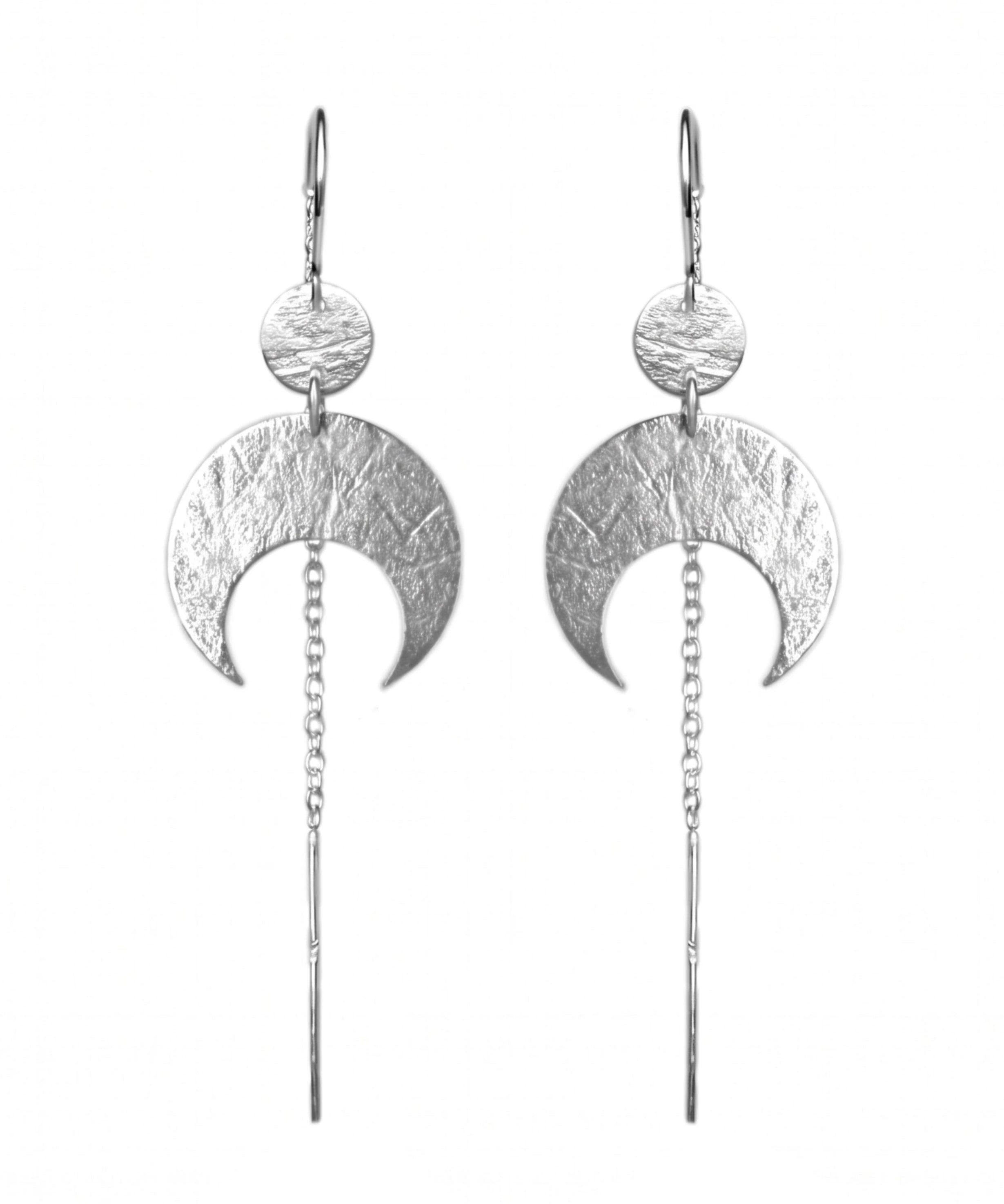 Sterling Silver Lunar Thread Earrings on a white background, featuring a textured disc and crescent moon.
