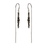 Pyrite and Sterling Silver Thread Earrings on a white background, handmade by Emily Eliza Arlotte in Hobart, Tasmania.