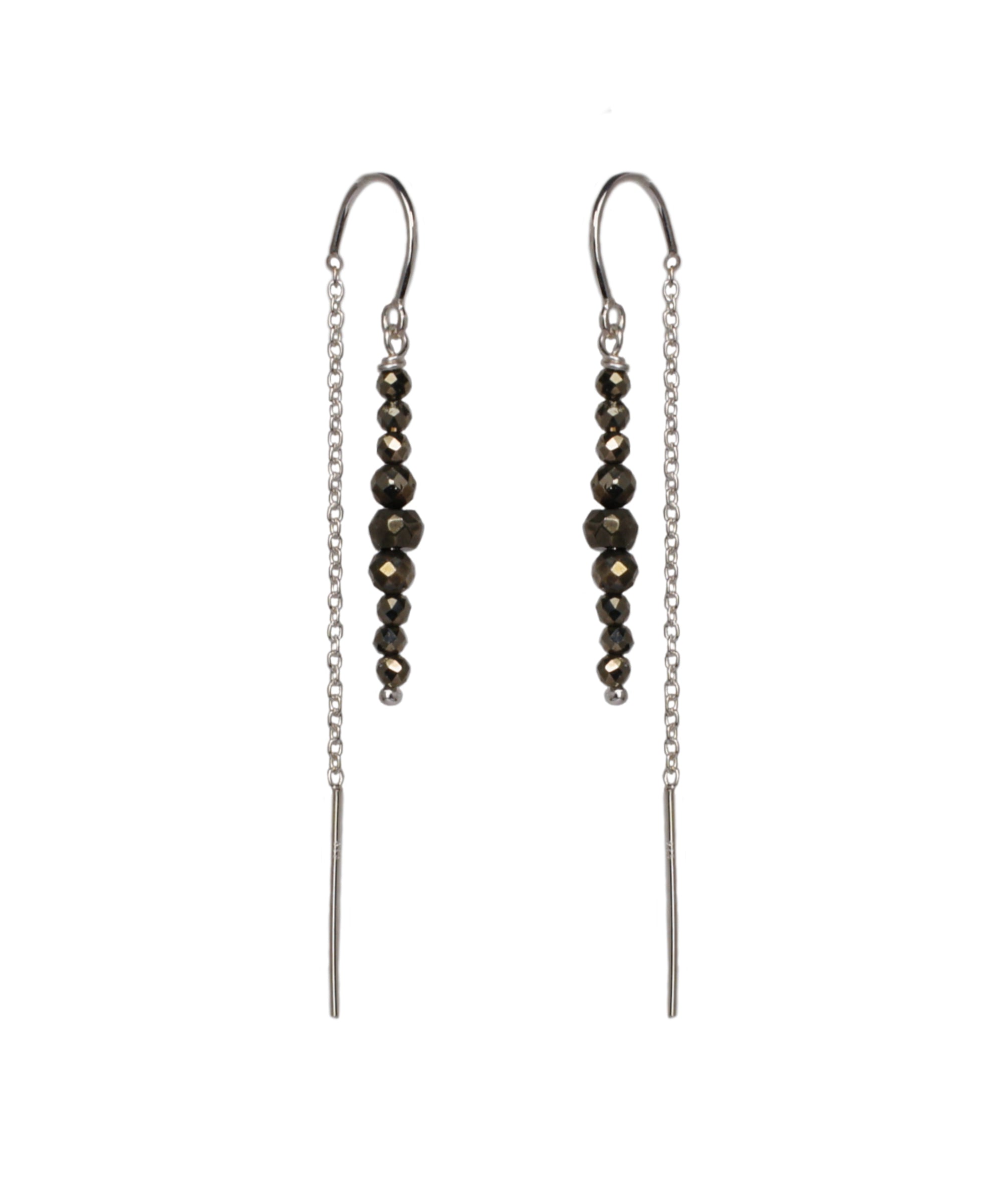 Pyrite and Sterling Silver Thread Earrings on a white background, handmade by Emily Eliza Arlotte in Hobart, Tasmania.