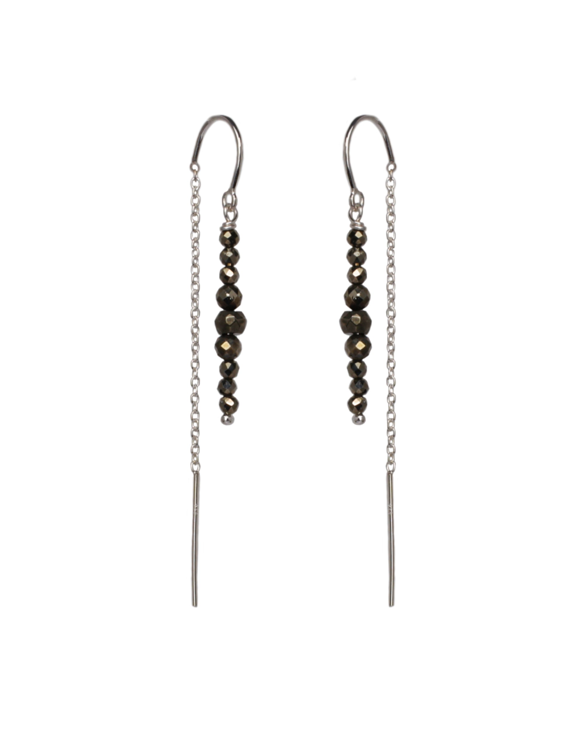 Pyrite and Sterling Silver Thread Earrings on a white background, handmade by Emily Eliza Arlotte in Hobart, Tasmania.
