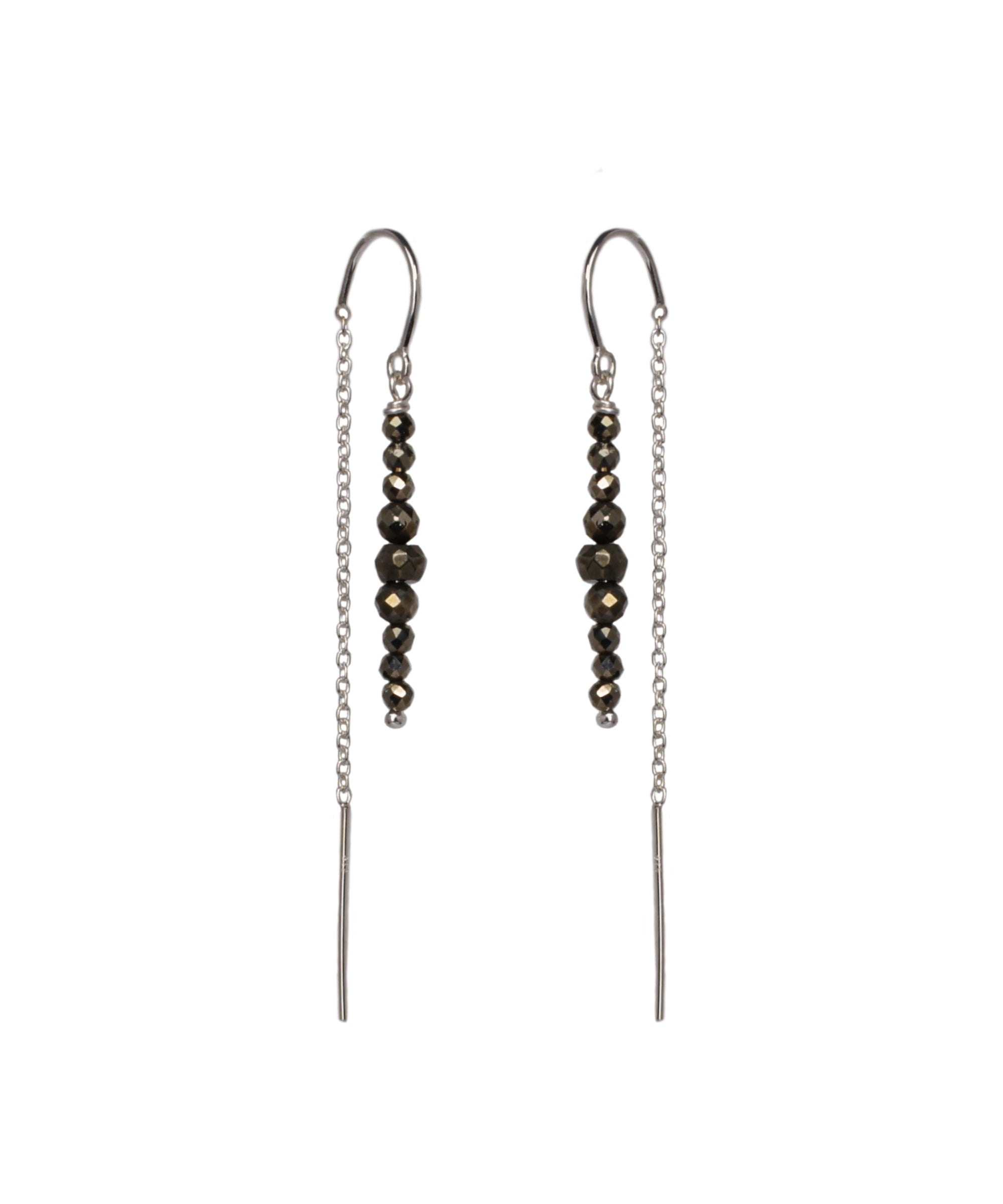 Pyrite and Sterling Silver Thread earrings on a white background, handmade by Emily Eliza Arlotte