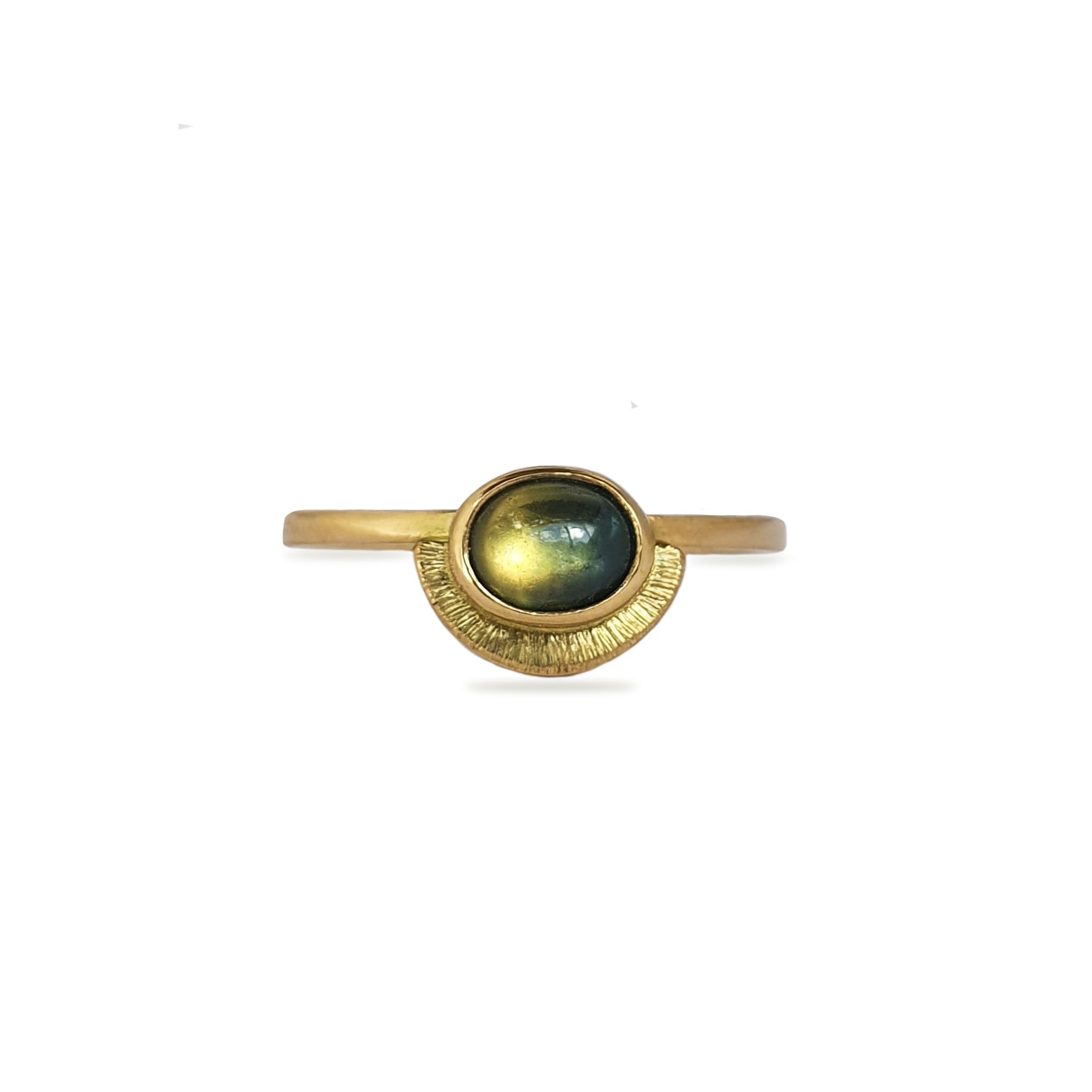 Handcrafted 18ct yellow gold engagement ring featuring an oval Australian sapphire cabochon, set in a bezel with a textured half-moon detail beneath the stone.