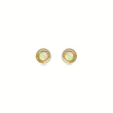 Australian Aura Crystal Opal Stud Earrings in 9ct Gold shown on a white background, showcasing the opals' kaleidoscope effect and engraved halo setting