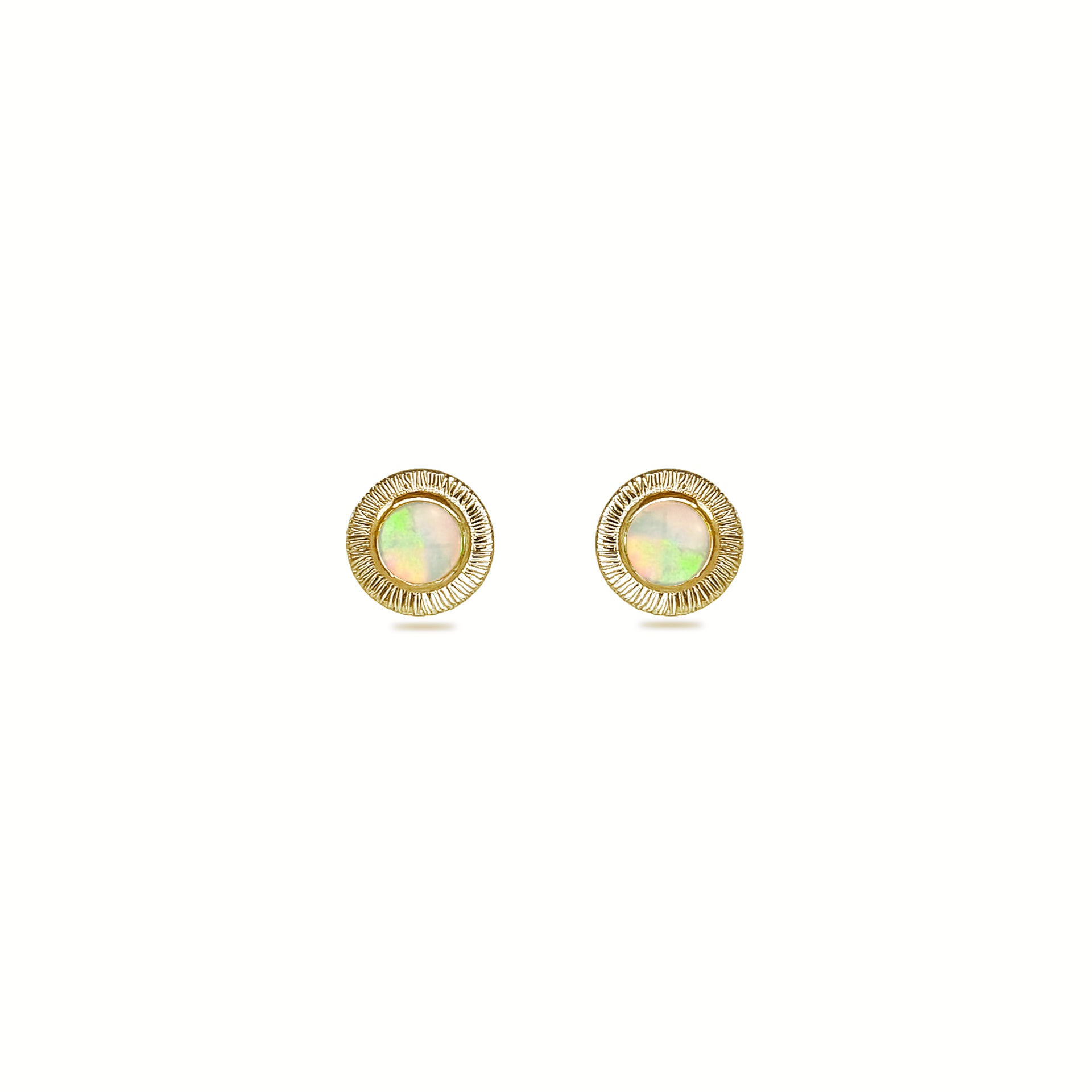Australian Aura Crystal Opal Stud Earrings in 9ct Gold shown on a white background, showcasing the opals' kaleidoscope effect and engraved halo setting