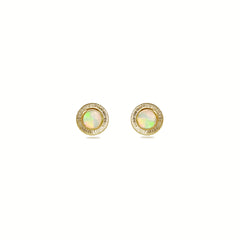 Australian Aura Crystal Opal Stud Earrings in 9ct Gold shown on a white background, showcasing the opals' kaleidoscope effect and engraved halo setting