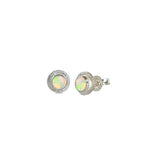 Close-up of Aura Crystal Opal Stud Earrings set in Sterling Silver, displayed on a white background, highlighting the opals' captivating play of colour and unique transparency