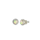 Close-up of Aura Crystal Opal Stud Earrings set in Sterling Silver, displayed on a white background, highlighting the opals' captivating play of colour and unique transparency