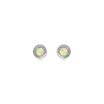 Aura Crystal Opal Studs in Sterling Silver on a white background, featuring sweet Australian Crystal Opals with an engraved halo design.